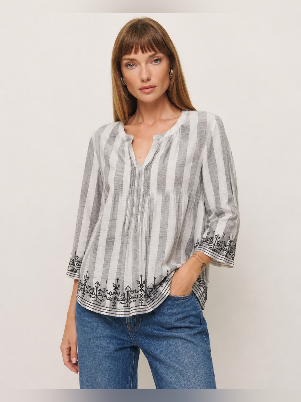 Lucky Brand Gray Striped Embroidered Boho Tunic *3